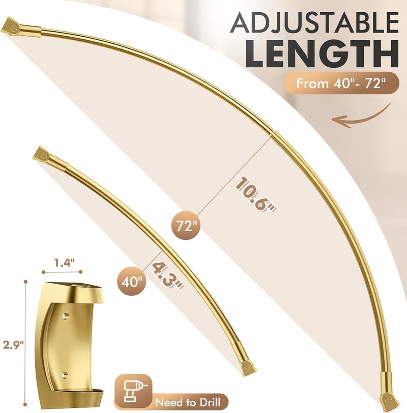 Bonpally Curved Shower Curtain Rod for Bathroom, 40-72 Inches Adjustable Curved Shower Rod, 0.9MM Aluminum Rustproof Shower Curtain Rod with Rotating Brackets for Extra Shower Space, Need to Drill, Gold - Image 4